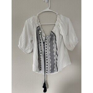 LUMIERE Embroidered Boho Chic Off Shoulder Peasant Top With Tassel Size L